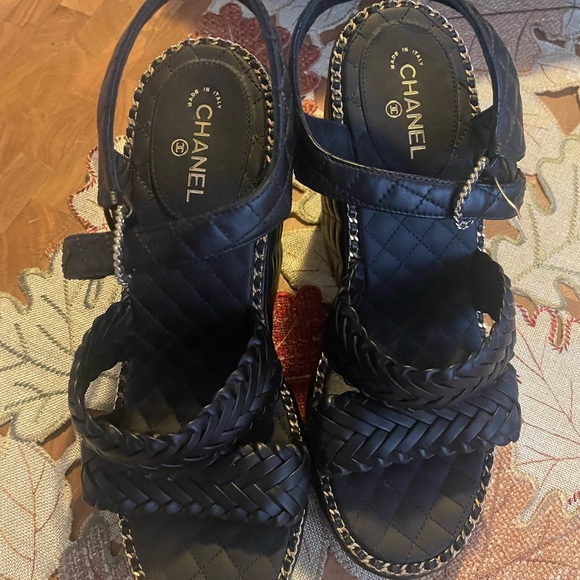 Chanel Calfskin Quilted Black Sandals Wedge 4.5 inches Shoes size 8 or 39 New - Picture 7 of 10
